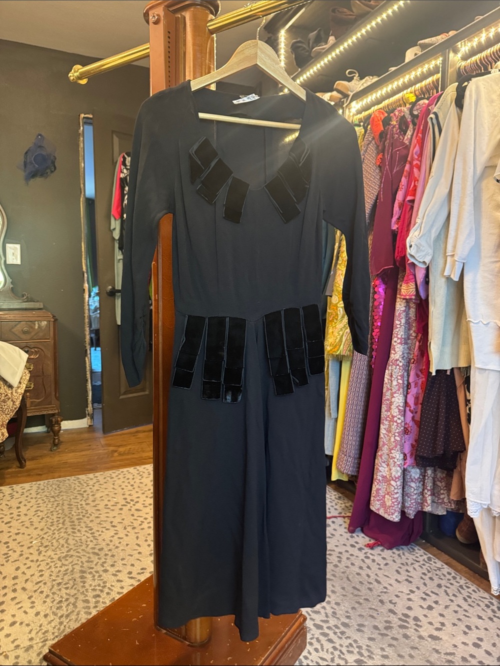 Vintage Black Long Sleeve Midi Dress with Velvet Trim